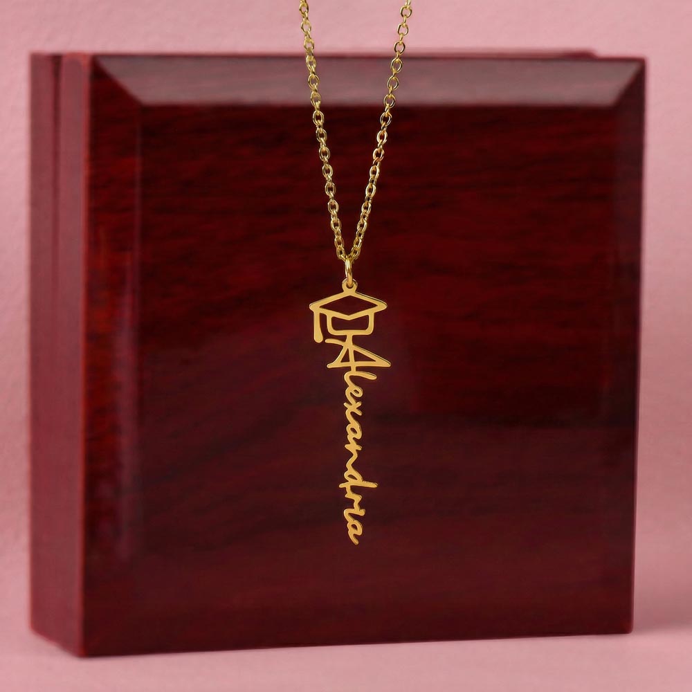 Graduation Name Necklace – Personalized Graduation Gift with Custom Name & Cap Charm