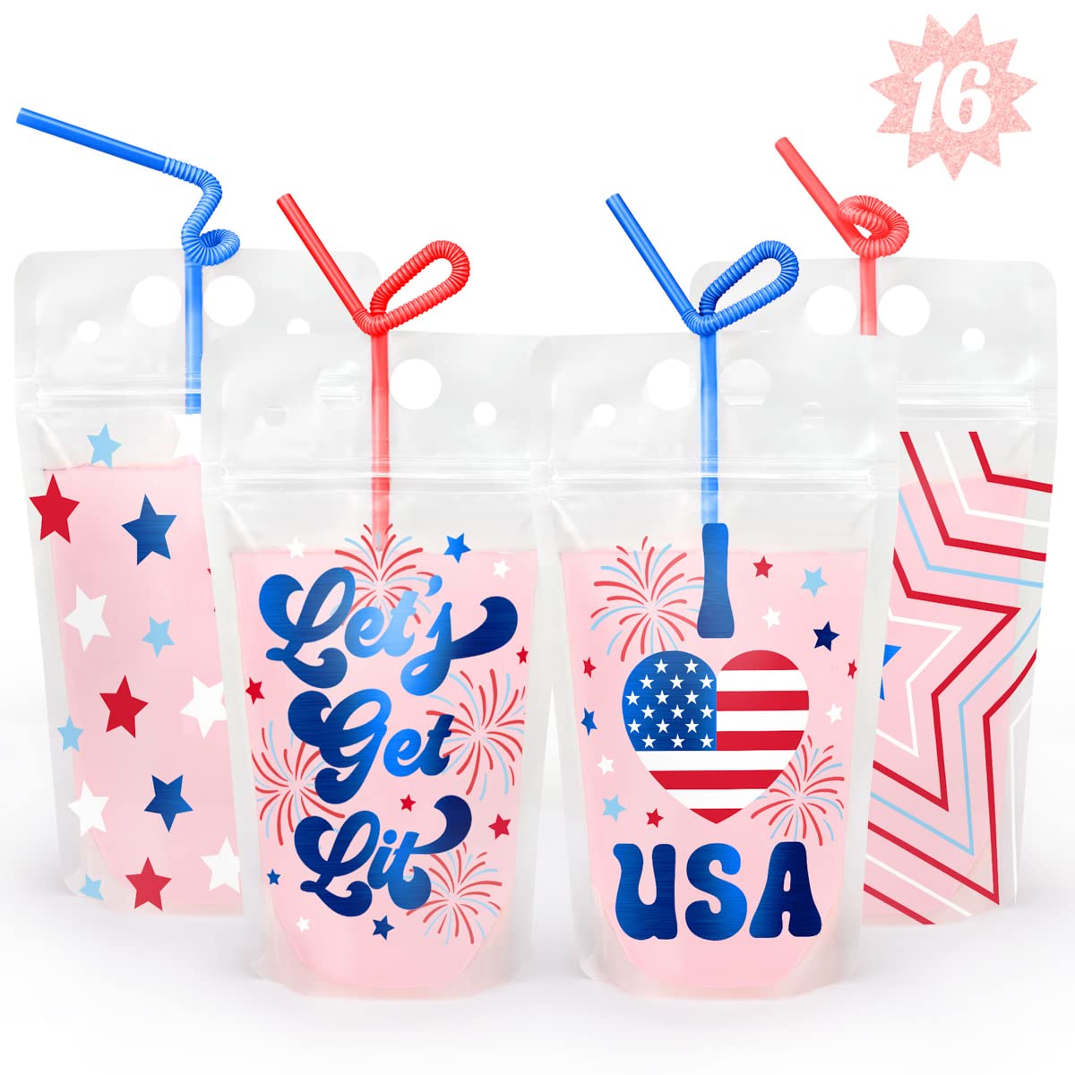 xo Fetti Fourth of July Party Decorations Drink Pouches - 16 count | USA Party Favors American Flag Party Supplies 4th of July Decorations Stars and Stripes Decor