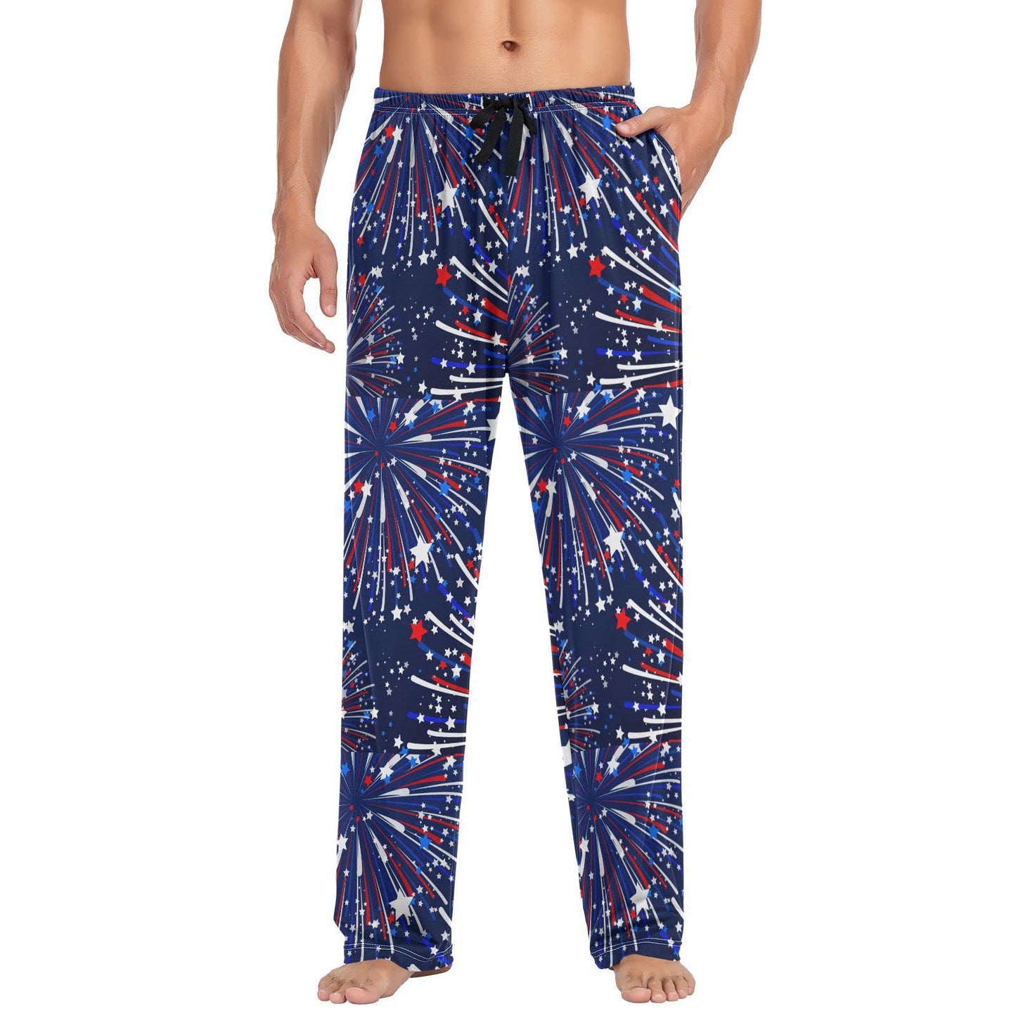 Aflyko 4th of July Pajama Pants for Men American Fireworks Loose Lounge Pants Soft PJS Sleepwear Patriot American Sleep Bottoms Medium