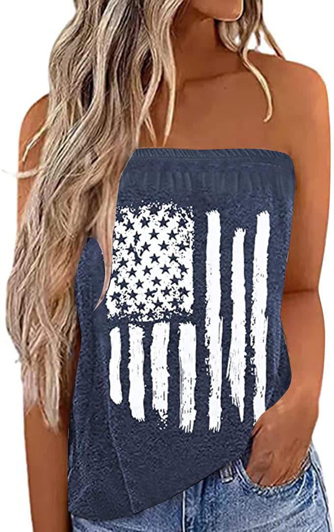 Women 4th Fourth of July Shirts Patriotic Strapless Tube Tops American Flag Bandeau (Large Dark Blue)
