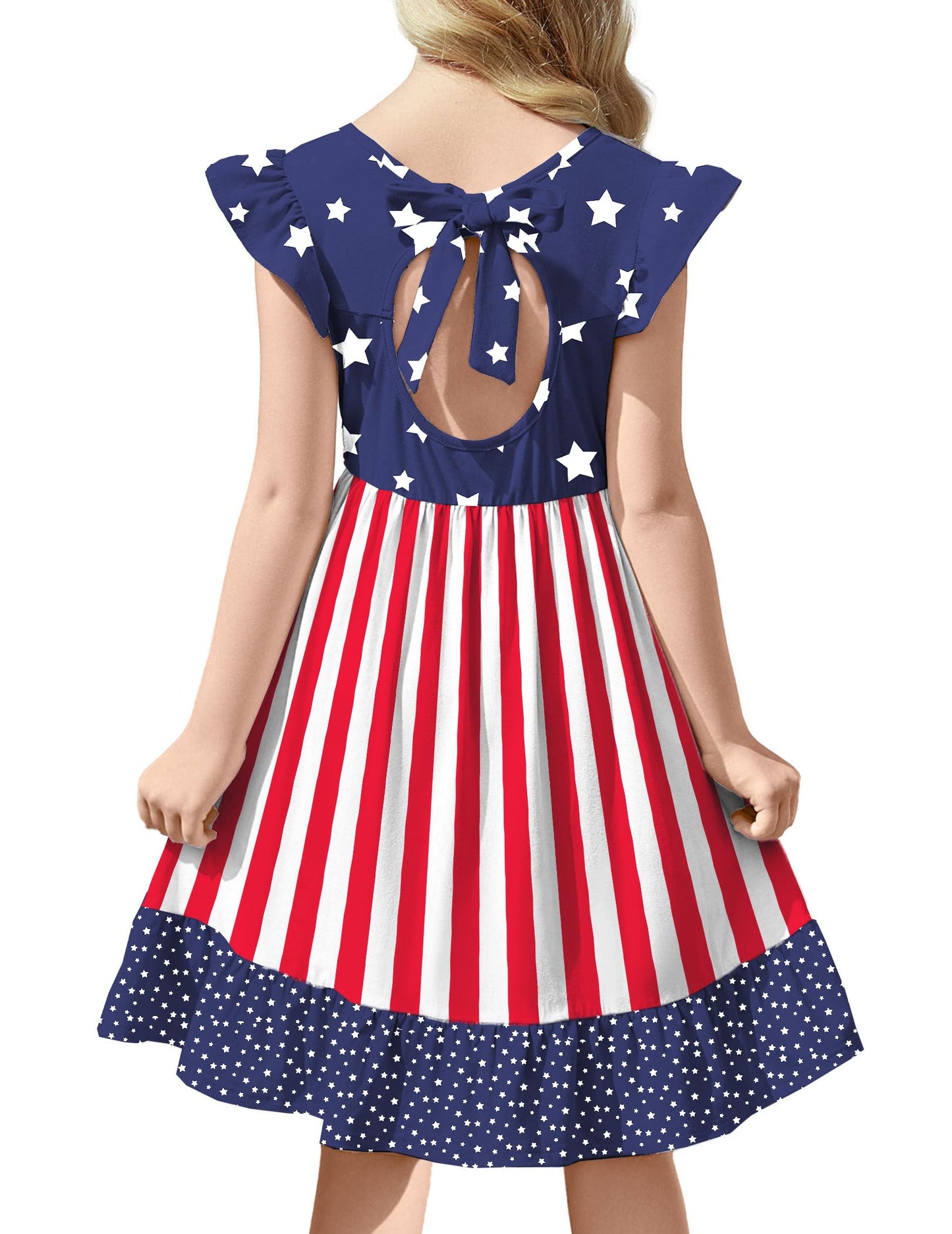 Flypigs Girls 4th of July Dress Summer Tie Back with Bow Crewneck Ruffle Midi Casual Dress Flag 4-5T
