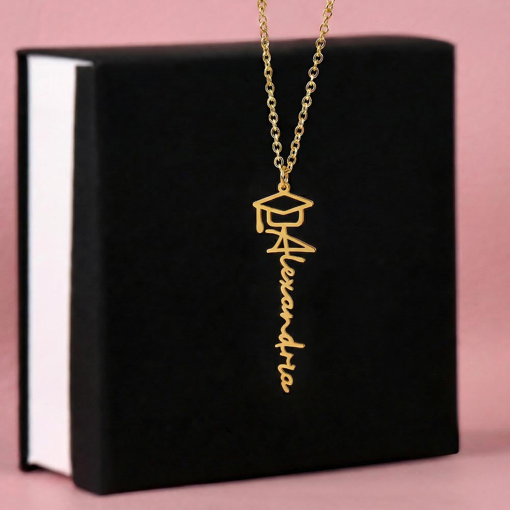 Graduation Name Necklace – Personalized Graduation Gift with Custom Name & Cap Charm