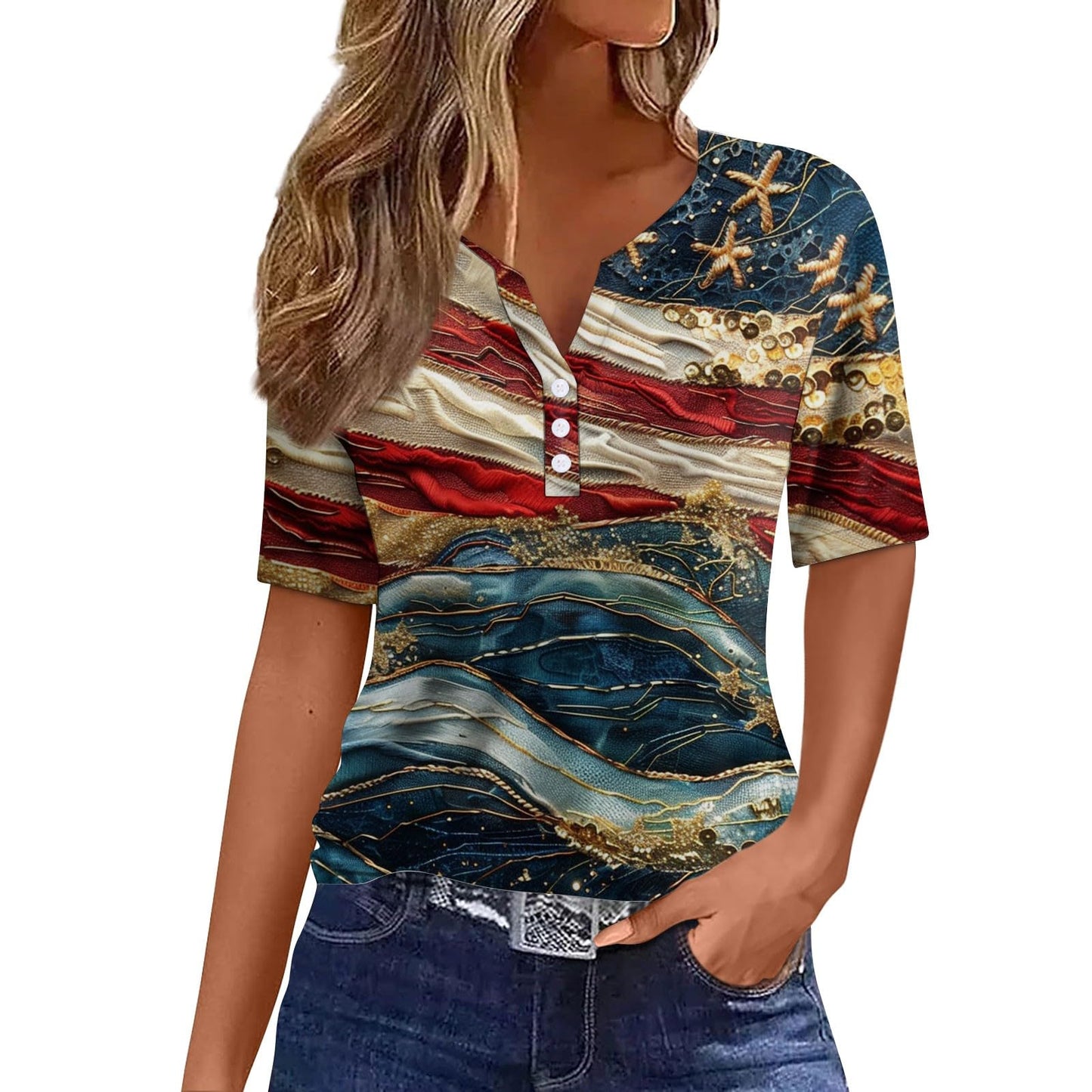 Generic 4Th of July Shirts Women Summer Tops for Women Funny 4Th of July Shirts Blouses Dressy Casual Memorial Day Sale V Neck Short Sleeve Womens 4Th of July Tops T Shirts for Women (NavySmall)